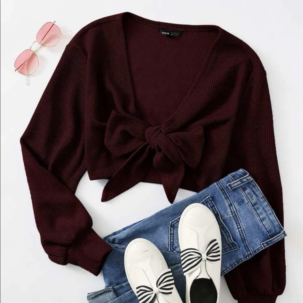 shein tie front rib-knit crop sweater